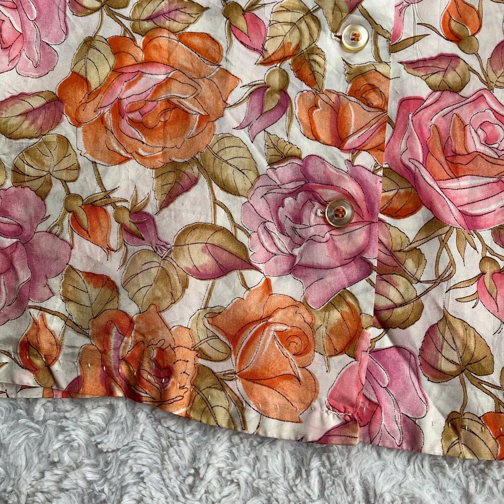 Vintage 70s pink roses print floral 1/2 sleeve‎ blouse button-down top rose L - Picture 7 of 17